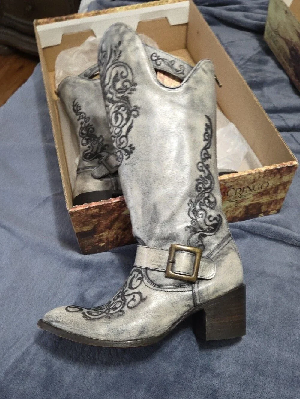 BOX KEPT-Old Gringo Gray with Black Embroidery Western Heeled Boots - Picture 4 of 9